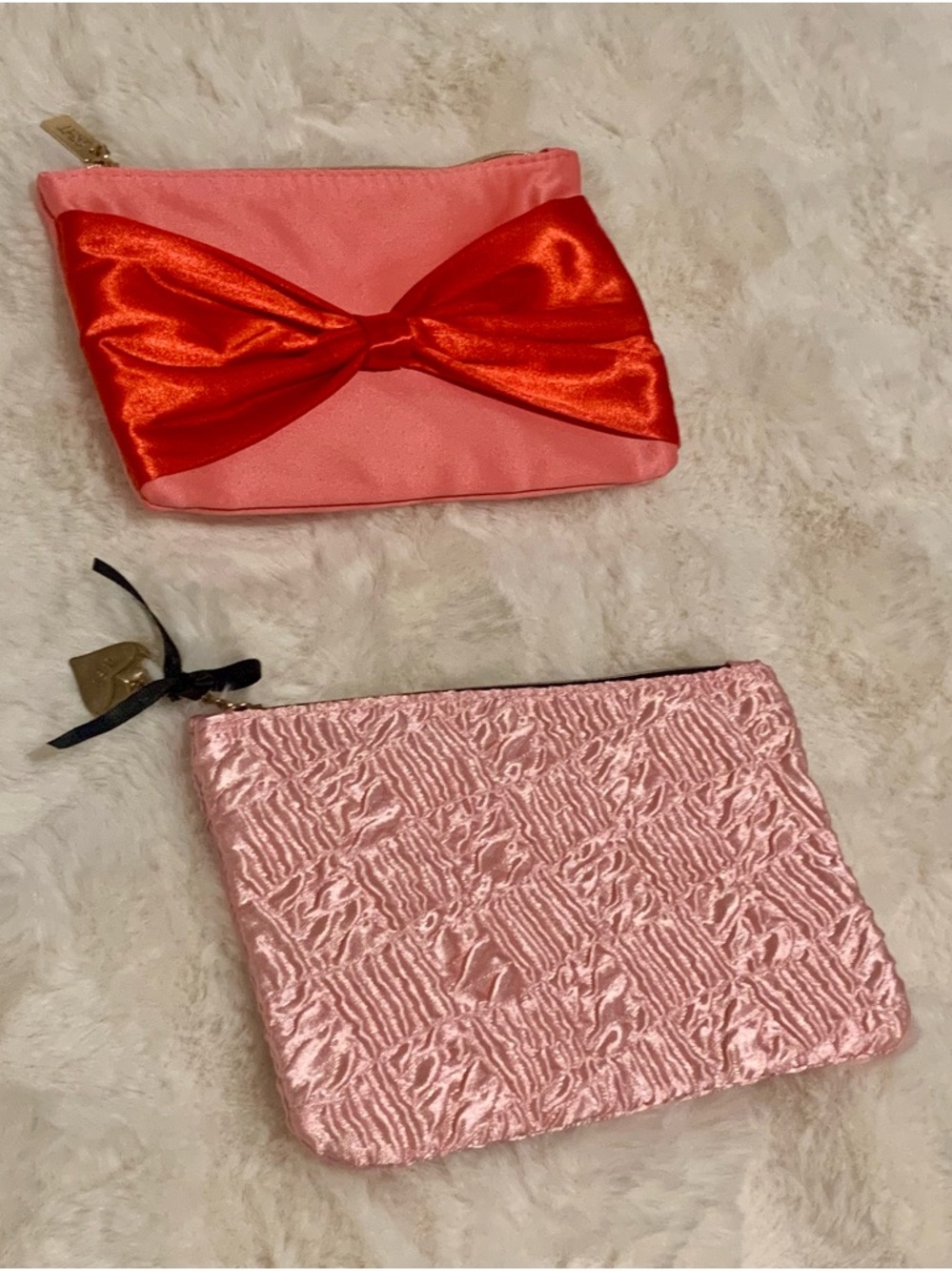 Ipsy Pink Cosmetic Pouch Duo with Red Satin Bow
